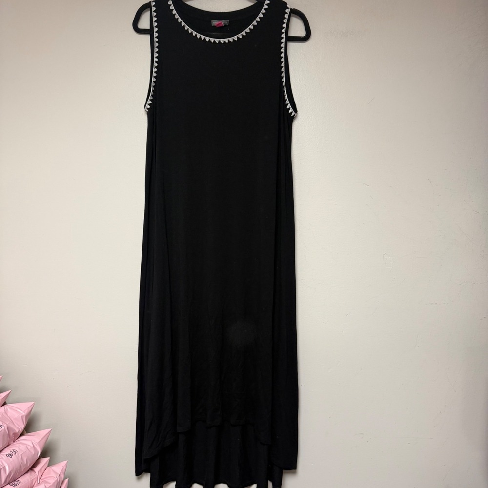 Vince Camuto Maxi Dress Women L Black Excellent High Low Embroidered Trim